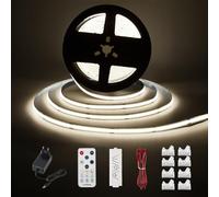 Enteenly Ruban LED COB Blanc Froid 5 mètres - Kit d'éclairage sous Meuble avec Télécommande RF pour Vitrine, Cuisine, Bureau, étagère, Placard - Adaptateur 24V inclus - 6500K