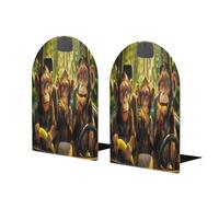 Entemne 1 paire de serre-livres antidérapants en forme de L avec base en métal - Motif animal singe banane - Pour étagères, bureau, école