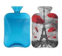 Entemne Bouillotte de 2 L avec parapluie rouge Tour Eiffel avec housse Sac de thérapie réutilisable pour soulager la douleur, les crampes menstruelles, les douleurs musculaires Cadeau chaud d'hiver