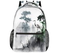 Entemne Grand sac à dos imperméable et léger pour garçons et filles - Motif grue chinoise - Peinture de paysage - Grand sac à dos pour école primaire et secondaire