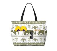Entemne Grand sac de plage avec fermeture éclair - Motif grue chinoise - Étanche - Résistant au sable - Pliable - Pour femme - Pour voyage, vacances, gym, piscine, caravane, Éléphants d'animaux