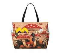 Entemne Grand sac de plage avec fermeture éclair rétro bateau boussole soleil étanche plage sac fourre-tout pliable pour femme voyage vacances gym piscine caravane, Art rétro des champignons, Taille