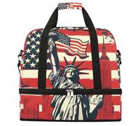 Entemne Grand sac de voyage pliable pour homme et femme, motif statue de la Liberté, rétro drapeau des États-Unis, sac fourre-tout avec compartiment à chaussures, sac fourre-tout léger pour la nuit