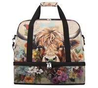 Entemne Grand sac de voyage pliable pour homme et femme Motif vache des Highlands Graffiti Floral Western Farm Sac fourre-tout avec compartiment à chaussures Sac fourre-tout léger à porter pour la