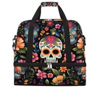 Entemne Grand sac de voyage pour homme et femme Motif crâne en sucre Fleur Sac fourre-tout pliable avec compartiment à chaussures Sac fourre-tout léger à porter pour la nuit