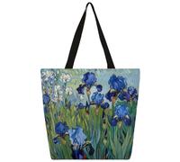 Entemne Grand sac fourre-tout en toile pour femme, motif fleurs d'iris bleus, sac d'épicerie avec poche zippée, réutilisable, respectueux de l'environnement, sac à bandoulière pour le travail, les