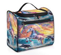 Entemne Grande trousse de maquillage à suspendre pour voyage, arc-en-ciel, blanc, cheval sautant dauphin, organisateur de produits de toilette avec poches, étanche, portable, pour femmes, filles