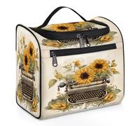 Entemne Grande trousse de maquillage à suspendre pour voyage, machine à écrire vintage tournesol, organiseur de produits de toilette avec poches, étanche, portable, pour femmes, filles, hommes