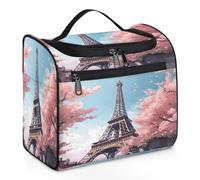 Entemne Grande trousse de maquillage à suspendre pour voyage, serviette Paris Eiffel rose, organisateur de produits de toilette avec poches, étanche, portable, pour femmes, filles, hommes, cadeaux