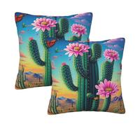 Entemne Lot de 2 housses de coussin carrées douces et confortables avec fermeture éclair dissimulée pour lit, canapé, banc de voiture - Motif cactus et fleurs roses - 45 x 45 cm