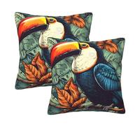 Entemne Lot de 2 housses de coussin carrées douces et confortables avec fermeture éclair dissimulée pour lit, canapé, banc de voiture - 40 x 40 cm - Motif perroquet tropical toucan