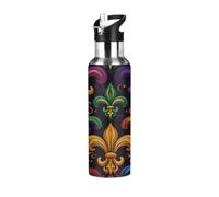Entemne Mardi Gras Bouteille d'eau isotherme avec paille - 600 ml - En acier inoxydable - Anti-fuite - Pour sports de plein air - Pour garçons et filles