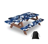 Entemne Nave Blue Military Camo Ensemble de nappes de pique-nique avec 2 housses de banc, 1,5 m