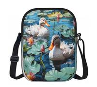 Entemne Petit sac à bandoulière noir lapin d'hiver léger pour téléphone, sac à main imperméable avec 3 poches et sangle réglable pour homme et femme, usage quotidien, Lotus Pond Fleurs de canard d'été