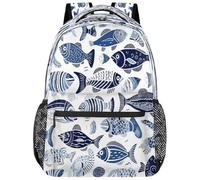 Entemne Sac d'école pour enfants pour garçons et filles - Motif poisson ethnique - Grand sac à dos pour école primaire et secondaire - Imperméable et léger - Pour adolescents, voyage, randonnée