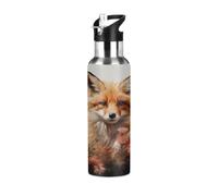 Entemne Wildlife Fox Art Peinture Bouteille d'eau isotherme avec paille 600 ml Bouteille d'eau étanche en acier inoxydable pour garçons filles adultes Sports de plein air Thermos Flasque thermos