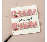 Enten-ongles à presser, faits à la main, strass de luxe 3D, ongles en acrylique cerise et perle, ongles autocollants à fleurs, couverture complète, ongles artificiels épaissis pour femmes, art des