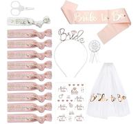 Enterrement de Vie de Jeune Fille Accessoire, 17PCS EVJF Accessoire Kit, 10 Team Bride Bracelet, 1 Bracelet Future Mariée, Ceinture de Mariée, Voile Mariée EVJF, Insignes, Tiara, Tatouage EVJF