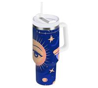 Entonnoir bleu doré tarot sous vide avec couvercle à paille - Bouteille d'eau en acier inoxydable à large goulot - Tasse de voyage anti-déversement - Cadeau pour homme et femme