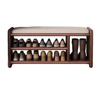 Entryway Bench with 2-Tier Shoe Rack, Modern Solid Wood Put On Shoes ,Shoe Storage Stool with Leather Cushion for Hallway, Bedroom, Living Room, Dining Room,Walnut(White Cushion,100*30*42cm)