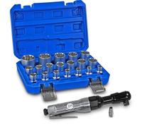 ENVA Clé à cliquet pneumatique 1/2" + jeu de douilles 19 pièces. Jeu d'outils comprenant un tournevis à cliquet avec un couple de 68Nm et un jeu de clés à douille multiprofil dans un coffret plastique