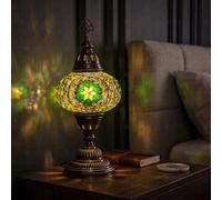 ENVA Lampe de table en mosaïque turque verte - Fabriquée à la main - Motif étoile émeraude - Lampe de bureau en verre de style marocain avec base en laiton antique