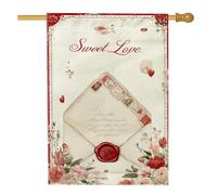 Enveloppe de maison, drapeau romantique vintage cœurs fleurs Saint-Valentin toile de jute rouge double face extérieur grand drapeau de jardin pour extérieur, pelouse, cour, patio, entrée 71,1 x 101,6