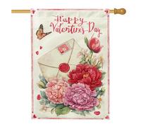 Enveloppe drapeau de maison, romantique vintage pivoine tulipes Saint Valentin rouge double face toile de jute avant porche drapeaux décoratifs pour extérieur, terrasse, pelouse, entrée, camping 71,1