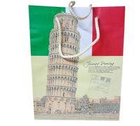 Enveloppe Shopper Italie avec tour de Pise pailletée, papier résistant, poignées en corde, 20 x 15 x 8 cm