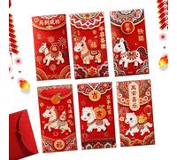 Enveloppes chinoises 2026 conceptions brodées 3D | Lot de 6 enveloppes en argent rouge pour billets de banque pour fête de printemps, anniversaire, changement d'année, mariage