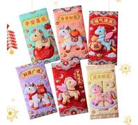 Enveloppes d'Argent - 6 Pièces Design Brodé Packet du Nouvel An 2026 - Enveloppes Rouges de l'Année du Cheval 2026,pour Garçon Fille Jeune Ado Fête Printemps