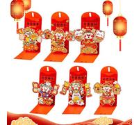 Enveloppes d'argent cheval 3D - Ensemble de 6 paquets rouges, enveloppes cadeaux en espèces chinoises, papier rouge décoratif en relief avec motifs festifs | Adultes Famille Mariage Fête du Pr