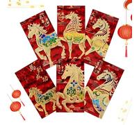 Enveloppes Rouges de l'Année du Cheval | 6 Pièces Enveloppes Traditionnelles en Relief 3D et Pailletées, Chinoises À Argent,Cadeau pour Adultes Famille Fille Garçon Ados Parents
