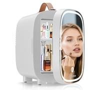 Enventor Mini Frigo 4L/6 canettes, Petit Réfrigérateurs pour soins de la peau avec miroir lumineux LED, CA + 12V CC, refroidisseur et réchauffeur, pour chambres, voiture, cosmétiques, blanc