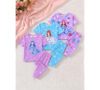 [Envoi aléatoire 1 set] Ensemble de pyjama printemps/été pour bébé fille, imprimé de princesse de dessin animé doux, combinaison de couleurs frais violet clair & bleu, tissu tricoté, confortable doux