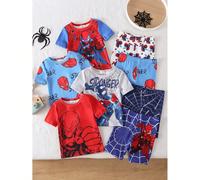 [Envoi Aléatoire 1 Set] Pyjama Garçon Imprimé Araignée dessin animé Ensemble de Détente d'Été, Combinaison Multicolore Rouge Bleu Blanc, Tissu Tricoté, Confortable et Doux, Coupe Ajustée, Col Rond Man