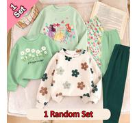 Envoi aléatoire de 1 sur 3 boîtes aveugles 1 set filles printemps/automne/hiver motif floral, princesse, lettre & marguerite, Sweat-shirt col ras-du-cou manches longues polyvalent décontracté + leggin