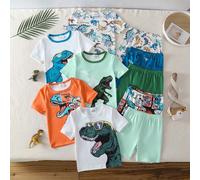(Envoi aléatoire de 5 sets, 2 sets) Jeune garçon Ensemble de pyjama court à manches courtes imprimé dinosaure mignon, doux. Confortable pour le port intérieur et les activités extérieures 6Y,7Y,4Y,5YA