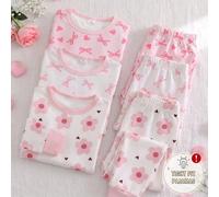 [Envoyé au hasard 1 set] Pyjama bébé fille, toutes saisons, imprimé floral & cœur, couleur contrastée, col rose, poignets & ourlet, col rond, tricot haute élasticité, manches longues, pantalon long, t