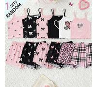 [Envoyé au hasard 1 set] Pyjama pour filles préadolescentes, nouvelle mode d'été à succès, imprimé combiné nœud papillon, pois, carreaux, tricot avec bordure à volants, débardeur et short imprimé inté