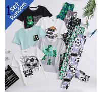 [Envoyé au hasard 1 set] Pyjama pour garçons préadolescents, nouvelle mode printemps/été à succès, motif imprimé combiné sport football, monde micro de jeu bloc dinosaure, manette de console de jeu, e