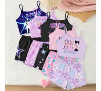 [Envoyé au hasard 1 set] Pyjama pour jeunes filles, nouvelle mode d'été, top camisole tricoté avec bordure à volants et imprimé de fille K-POP mignon, short avec imprimé intégral, ensemble de pyjama 2