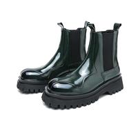 ENWIND Bottes Chelsea à Plateforme pour Hommes en Cuir Verni, Bout Rond, Style rétro, faciles à Enfiler, Semelle crantée, Talon épais, Bottines Formelles,Vert,38 EU