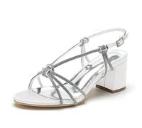 ENWIND Chaussures D'été Femmes Bout Ouvert Sandales De Robe De Mariage Bas Bloc Talon Strass Chaussures De Mariée,Blanc,39 EU
