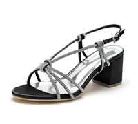 ENWIND Chaussures D'été Femmes Bout Ouvert Sandales De Robe De Mariage Bas Bloc Talon Strass Chaussures De Mariée,Noir,38 EU