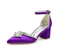 ENWIND Escarpins Femme Bloc Talons À Bout Pointu Bride Cheville Bas Talon Épais Chaussures De Mariée avec Strass,Dark Purple,43 EU