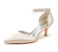 ENWIND Escarpins Petit Talon Femme Bout Pointu Talon de Chaton Chaussures de Habillées avec Sangle de Cheville,Champagne,38 EU