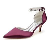 ENWIND Escarpins Petit Talon Femme Bout Pointu Talon de Chaton Chaussures de Habillées avec Sangle de Cheville,Burgundy,39 EU