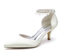 ENWIND Escarpins Petit Talon Femme Bout Pointu Talon de Chaton Chaussures de Habillées avec Sangle de Cheville,Ivoire,43 EU