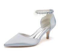 ENWIND Escarpins Petit Talon Femme Bout Pointu Talon de Chaton Chaussures de Habillées avec Sangle de Cheville,Argent,42 EU